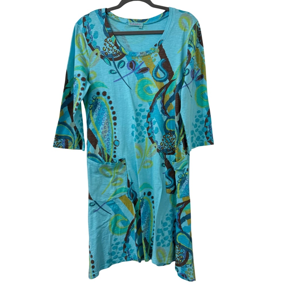 Fresh Produce Tunic Dress Womens Medium Turquoise Abstract Floral Slub Pockets
